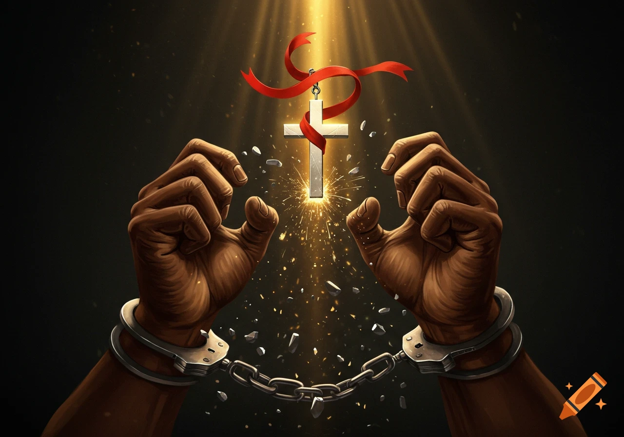 Dramatic illustration of shackled hands breaking free as a glowing cross with a red ribbon emanates light and sparks.