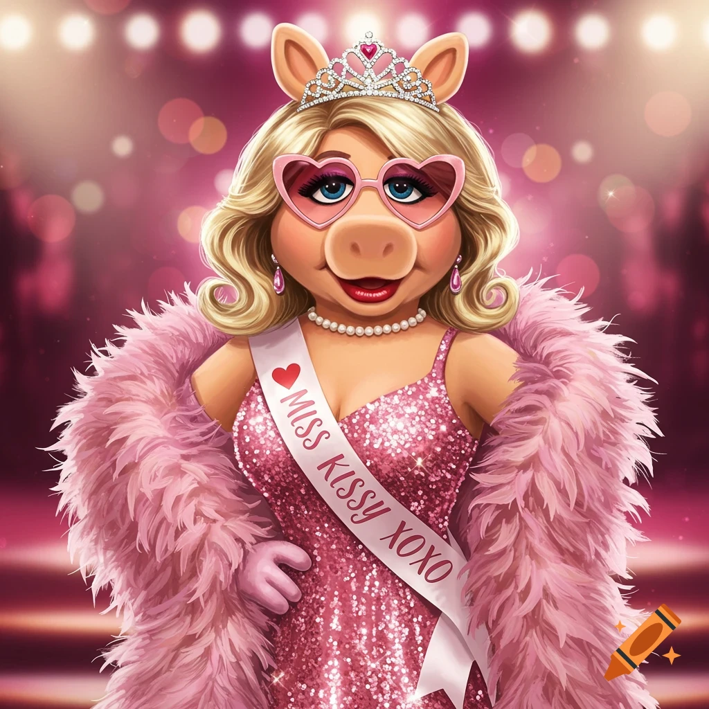 Miss Piggy wearing a sparkly pink gown, feather boa, heart sunglasses, tiara, and a sash on a pink-lit stage.