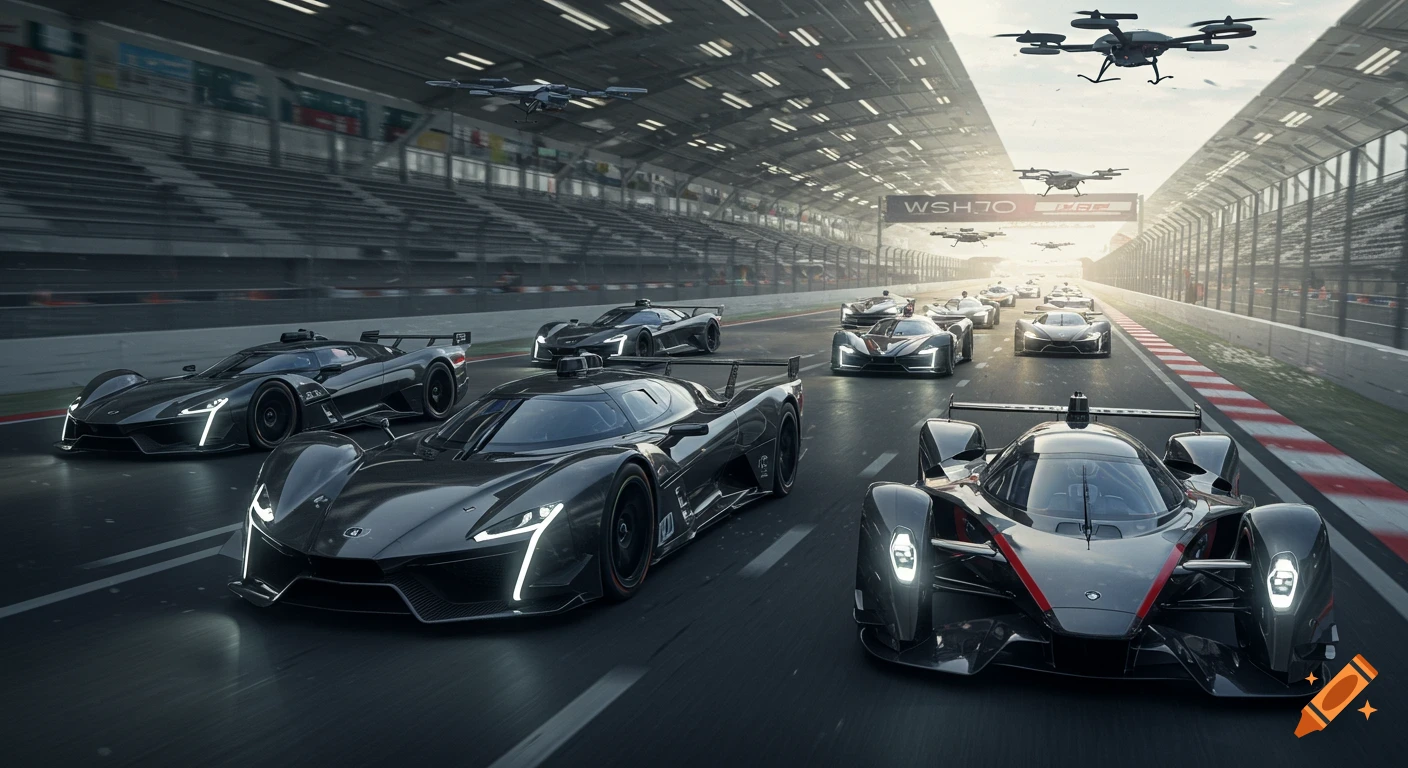 Futuristic black race cars line up on a track with drones flying above, photorealistic.