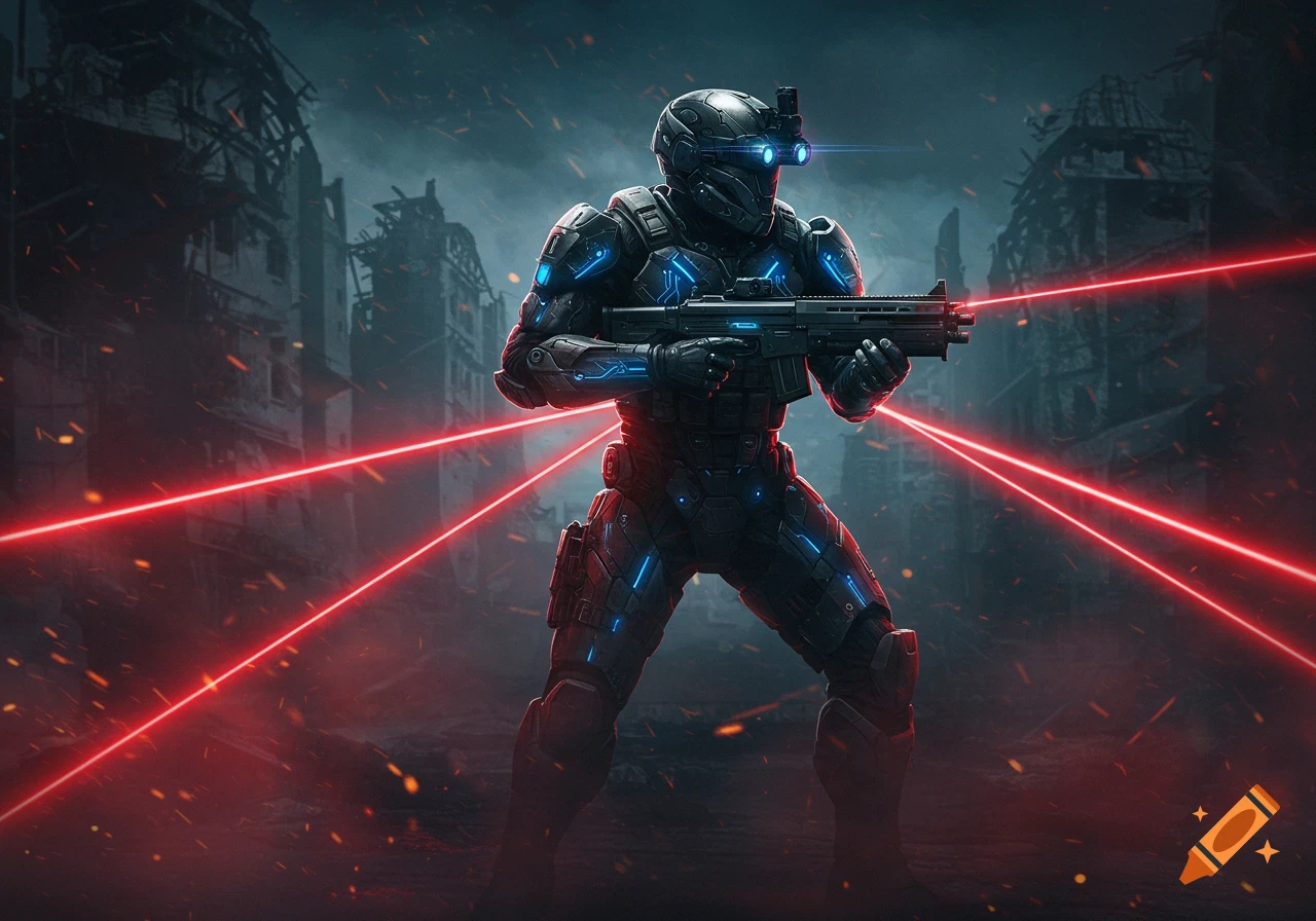 A futuristic soldier in black power armor with glowing blue accents holds a rifle, surrounded by red lasers in a ruined city.