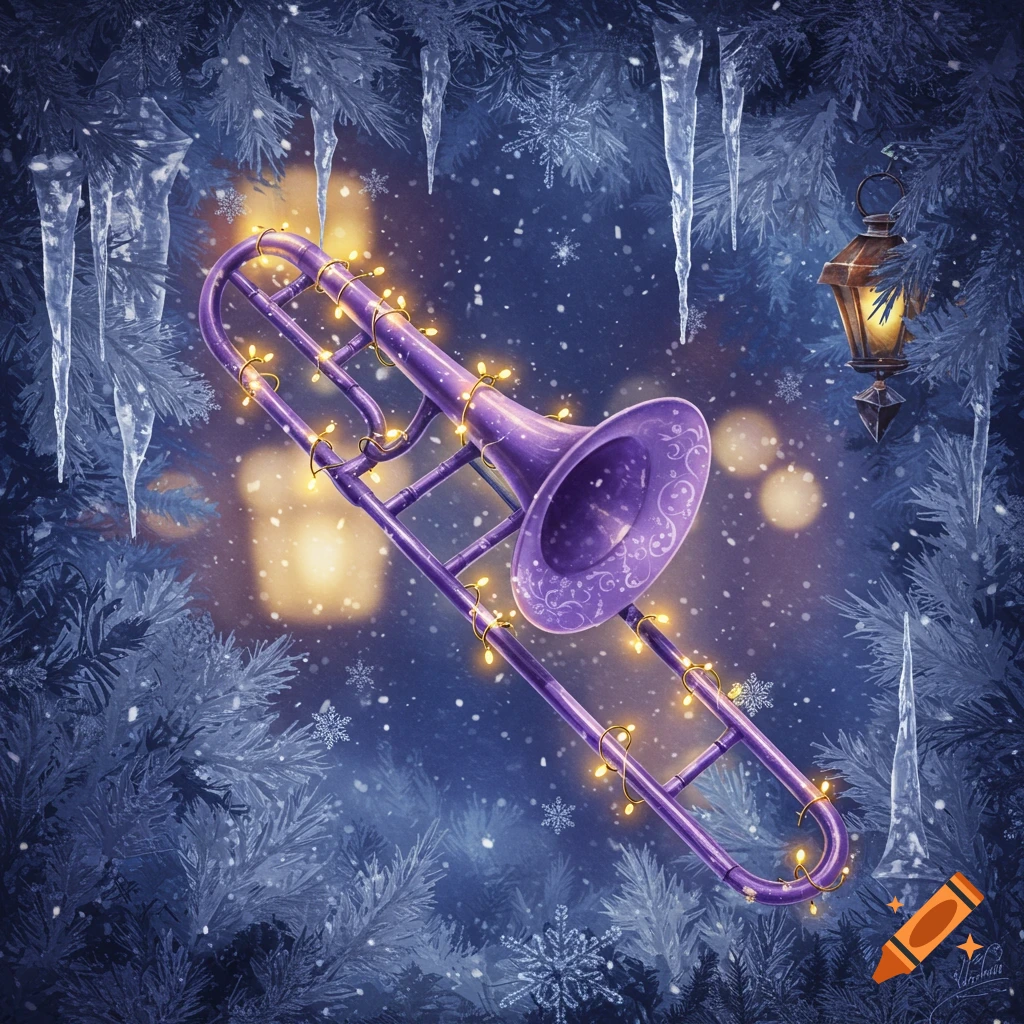 A purple trombone wrapped in Christmas lights, framed by snowy pine branches and icicles, with falling snow and a lantern.