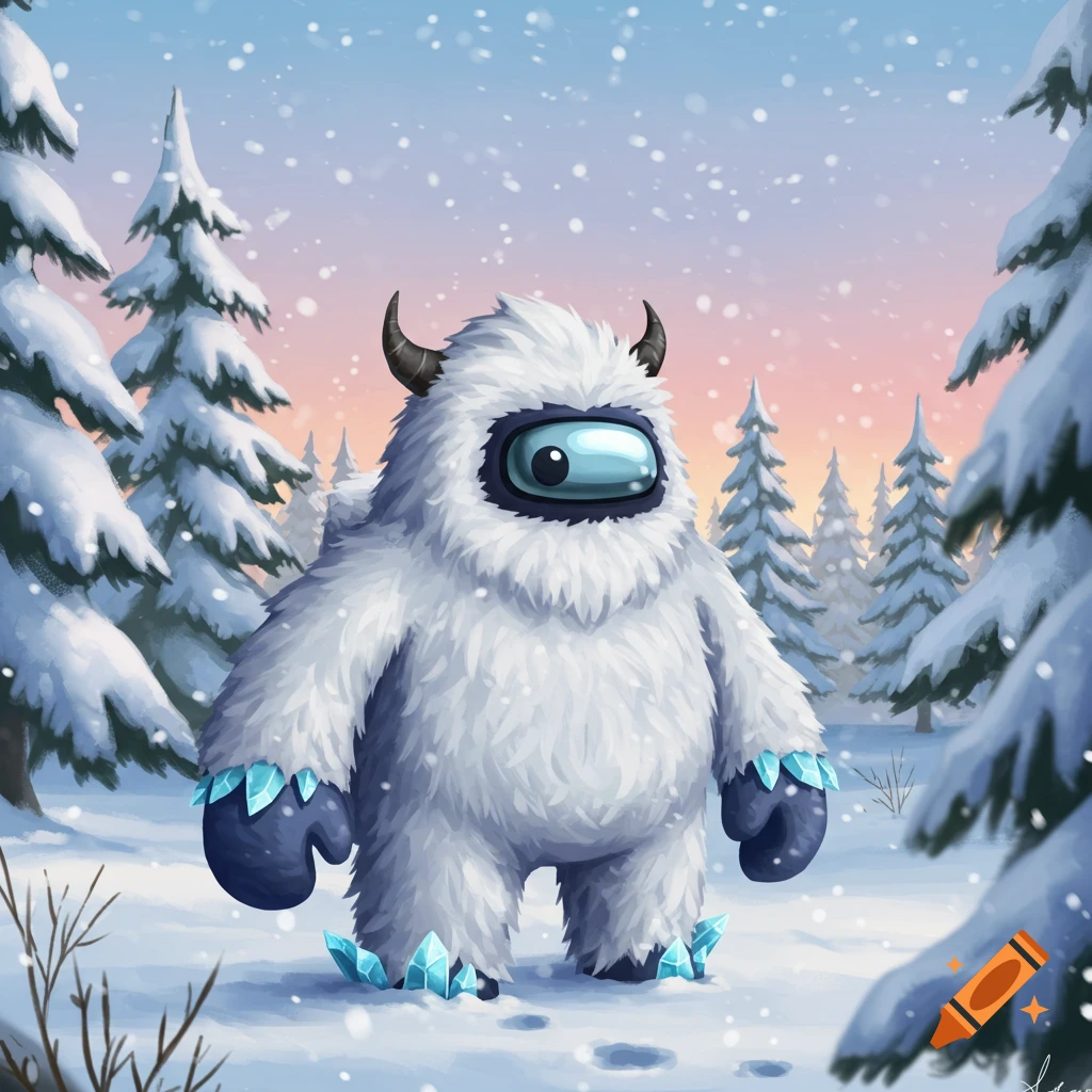 A fluffy white yeti-like Among Us character with horns stands in a snowy forest with blue crystals and falling snow.