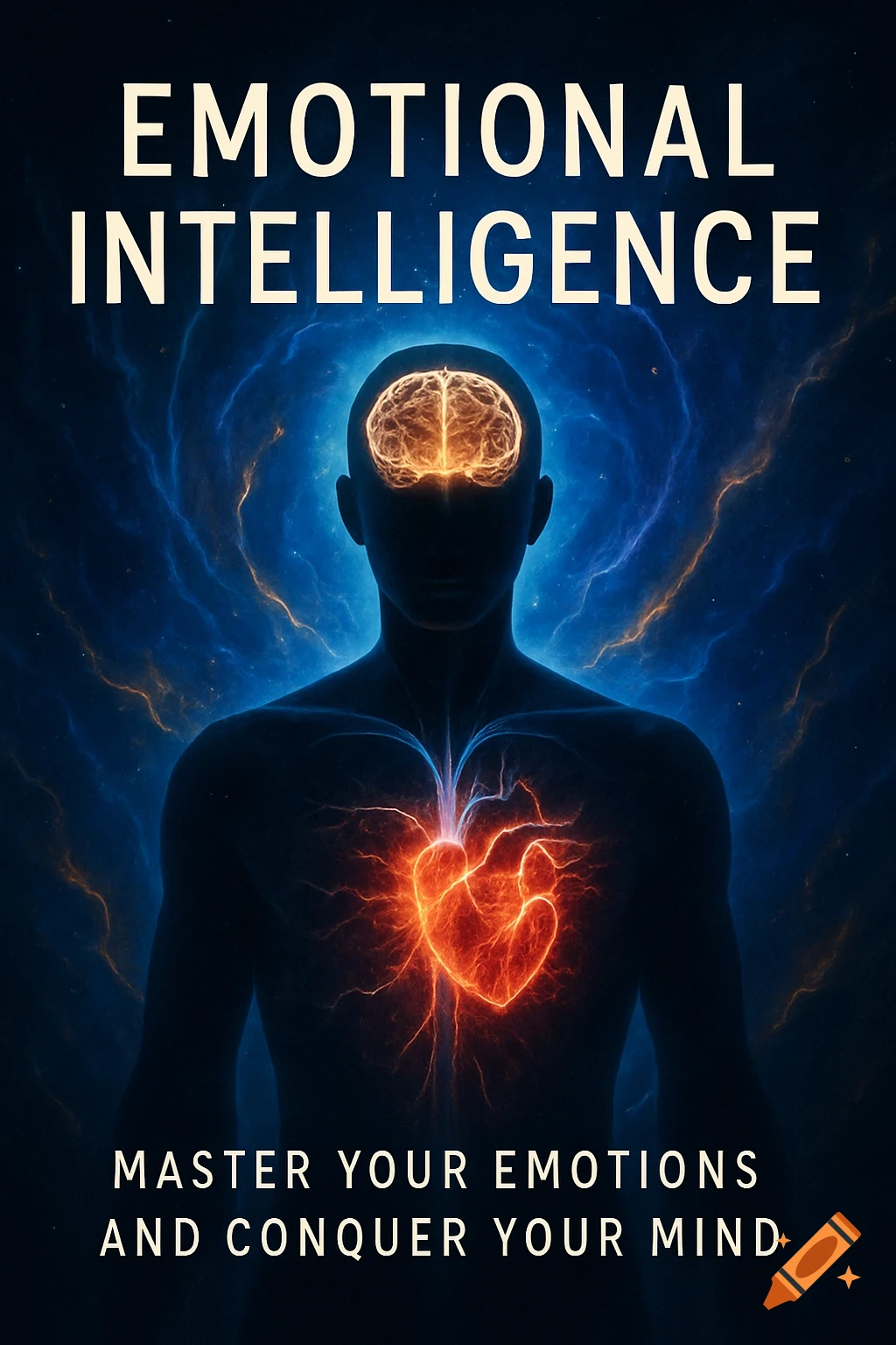 A human silhouette with a glowing brain and radiant heart against a vibrant blue cosmic background, titled 'Emotional Intelligence'.