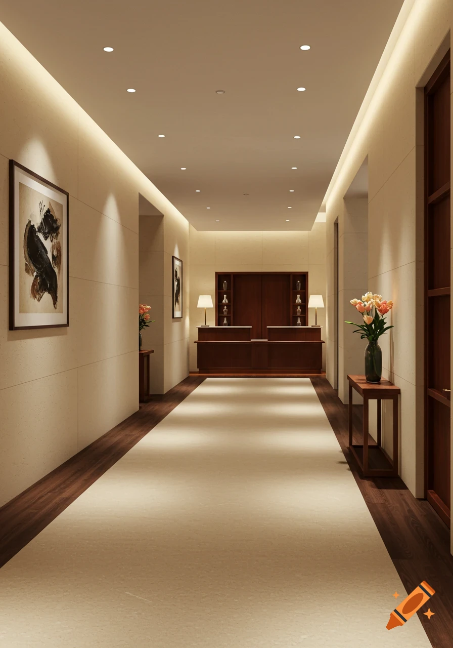 A minimalist hotel corridor with light beige walls, a central carpet, dark wood accents, and a reception desk at the end. Photorealistic.