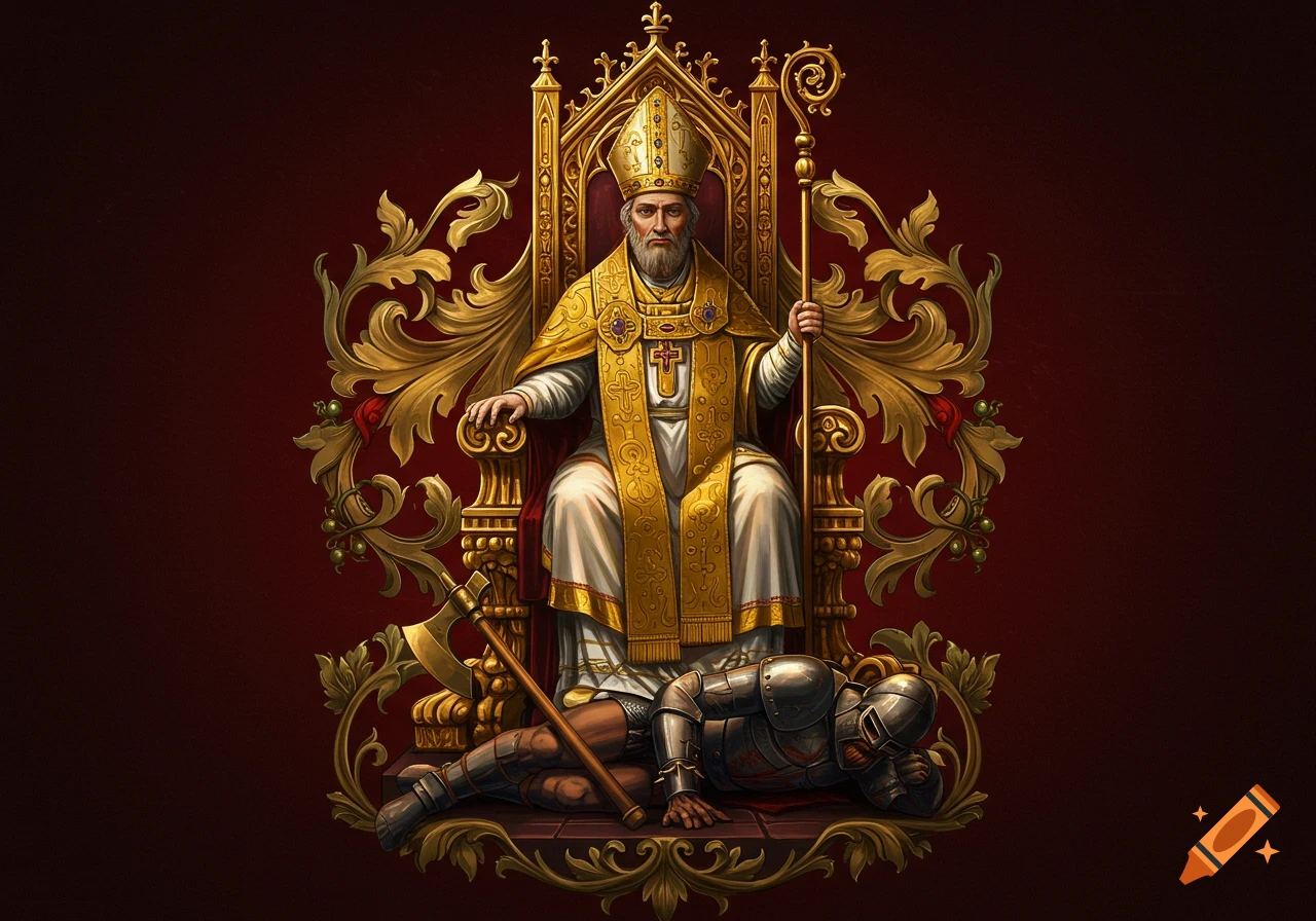 Stylized illustration of a bishop on a golden throne, with a defeated knight and axe at his feet against a red background.