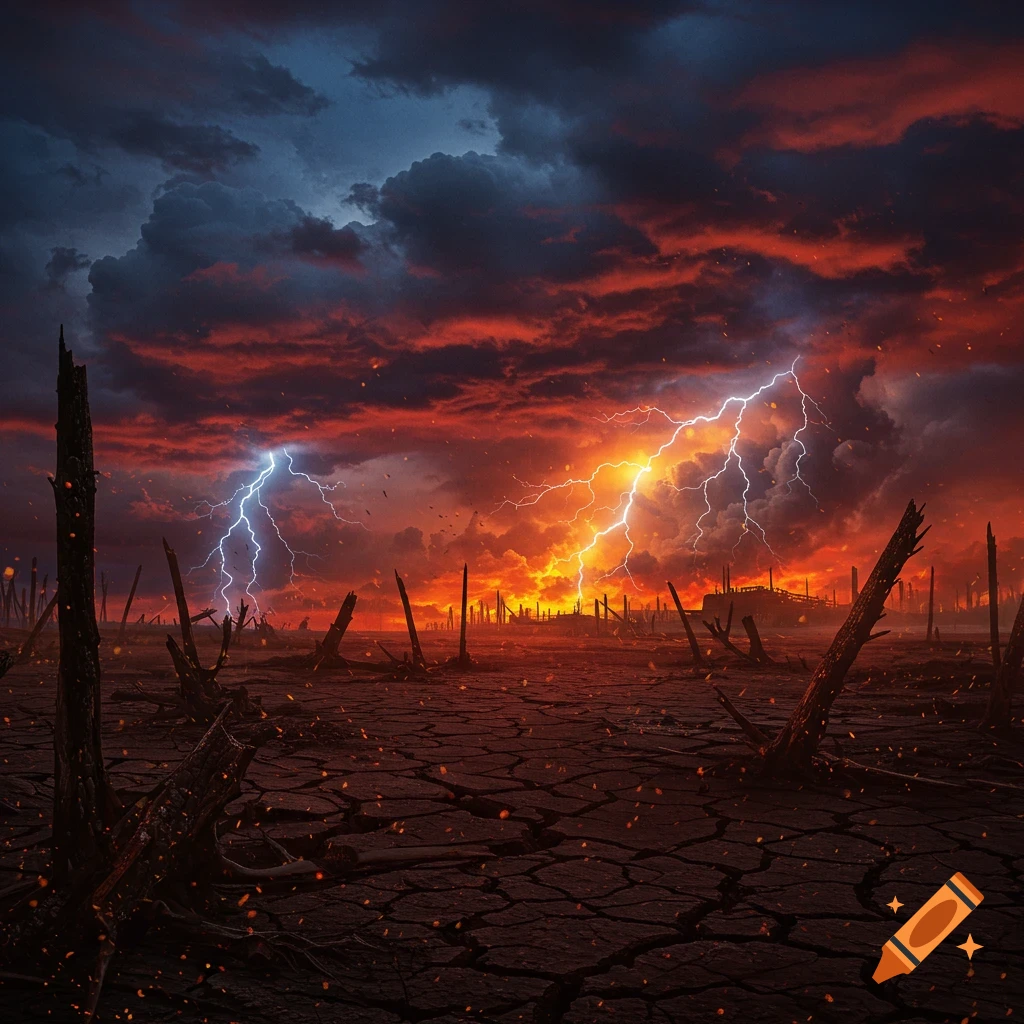Dramatic apocalyptic landscape with cracked earth, burnt stumps, and a fiery red and black storm sky with lightning.