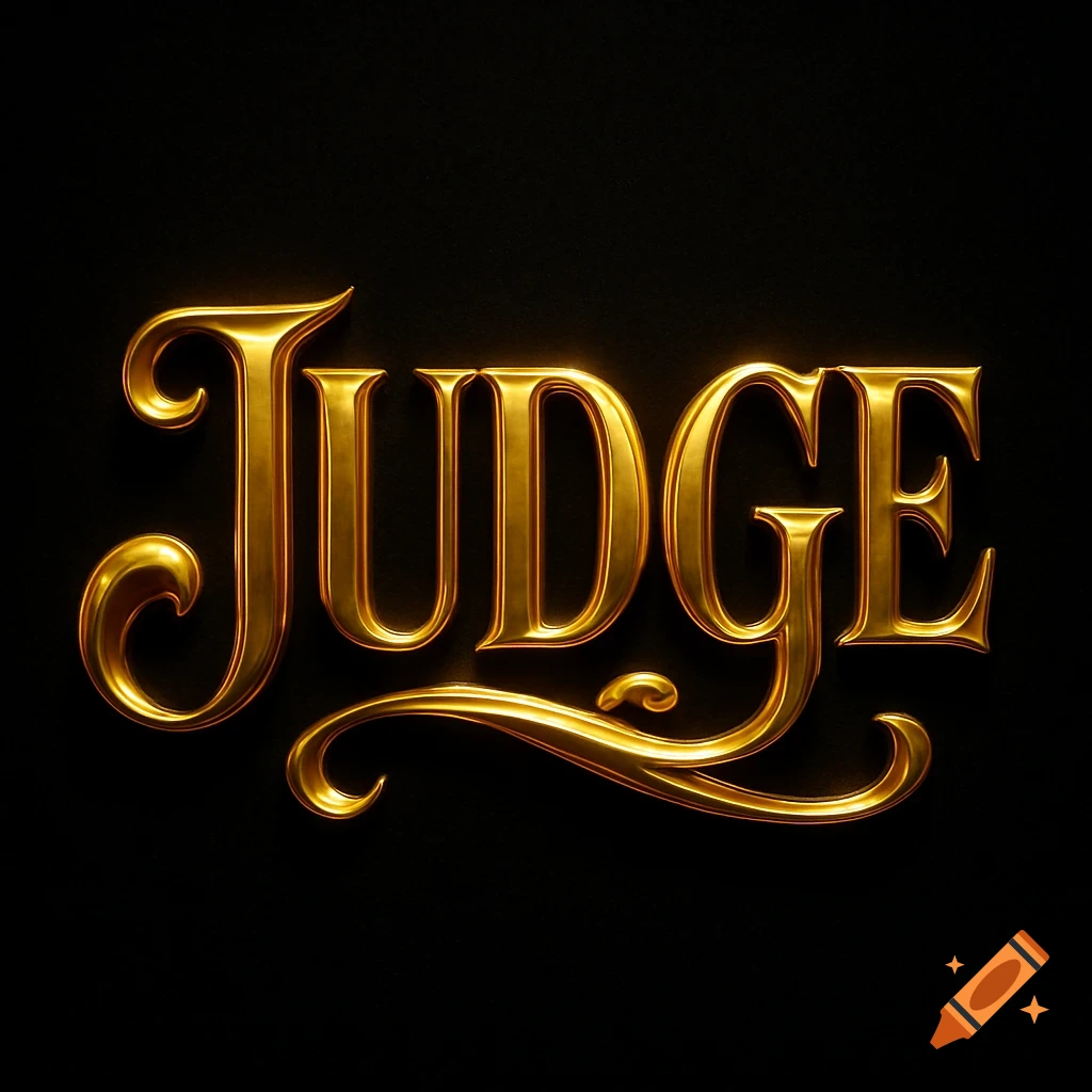 Ornate shiny gold lettering spelling 'JUDGE' on a black background.