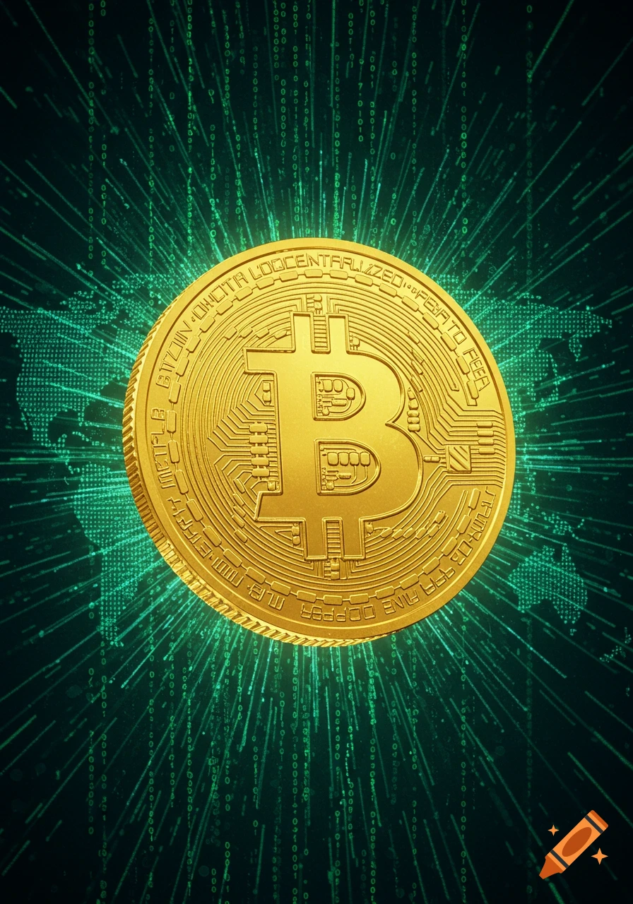 Golden Bitcoin coin prominently displayed over a dark background with glowing green binary code and a world map outline, in a futuristic style.