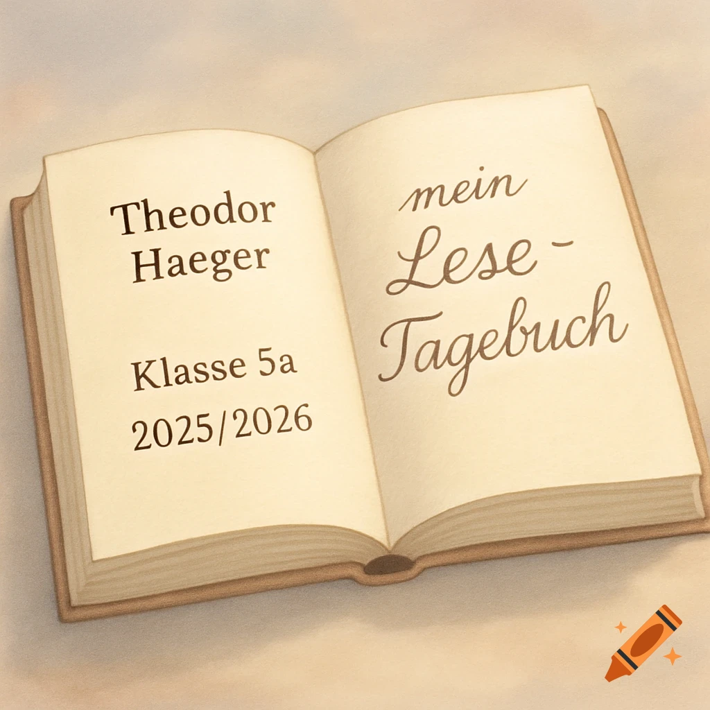 Illustration of an open book with German text 'Theodor Haeger Klasse 5a 2025/2026' and 'mein Lese - Tagebuch' on its pages.