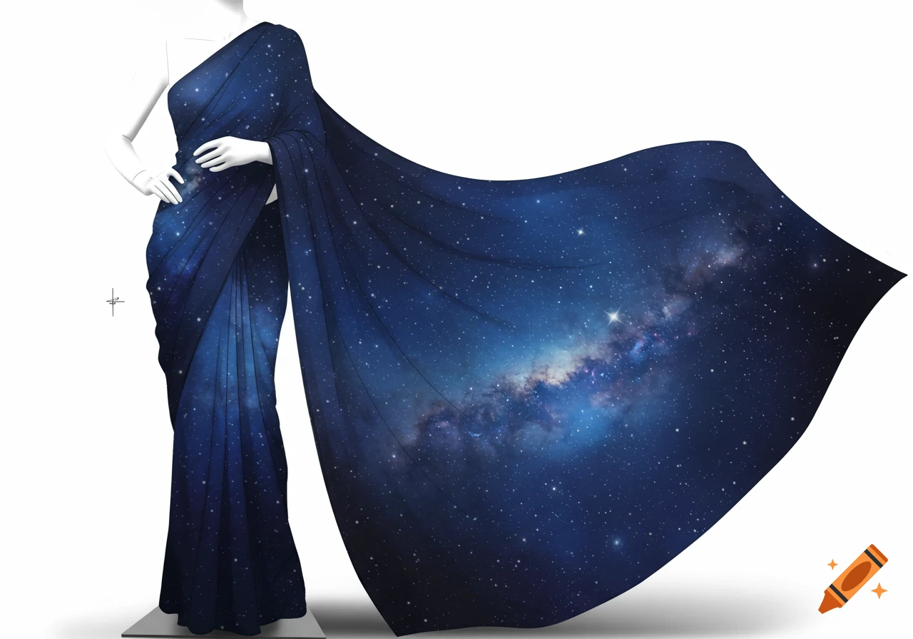 A white mannequin displays a dark blue sari patterned with the Milky Way galaxy, set against a plain white background.