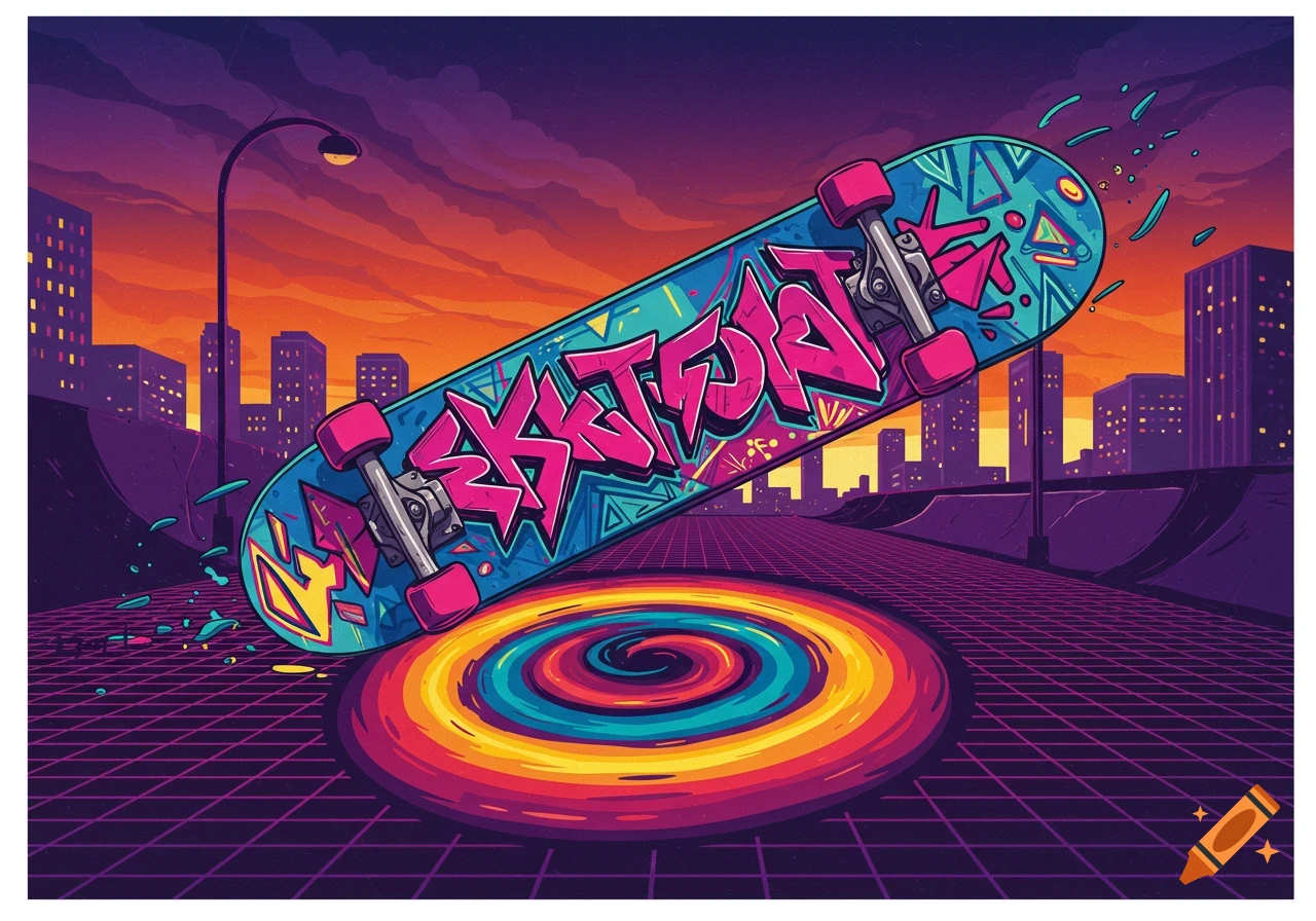 A vibrant 80s-style graphic featuring a skateboard with graffiti text, floating above a neon grid road in a city at sunset.