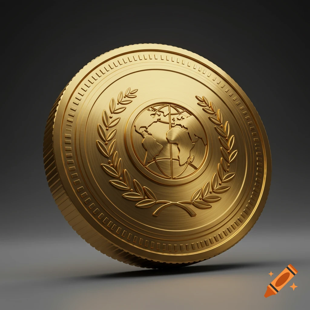 A shiny golden coin with a world map and laurel wreath embossed on it, standing upright on a dark surface.