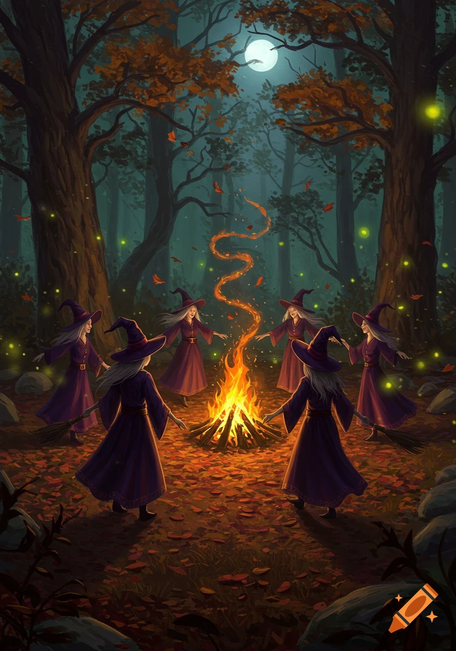 Witches dance around a bonfire in a dark forest under a full moon, with glowing fireflies and falling autumn leaves.