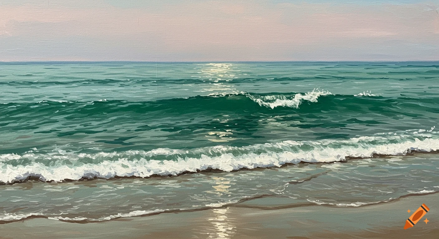 Impressionistic painting of emerald ocean waves breaking on a wet sandy shore under a pale sky, with sunlight glinting on the water.