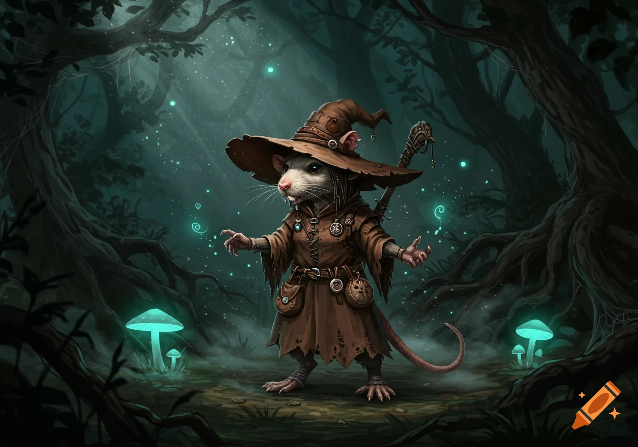 A rat-like witch in a brown robe and pointed hat stands in an enchanting, dark forest with glowing mushrooms and magical light orbs.