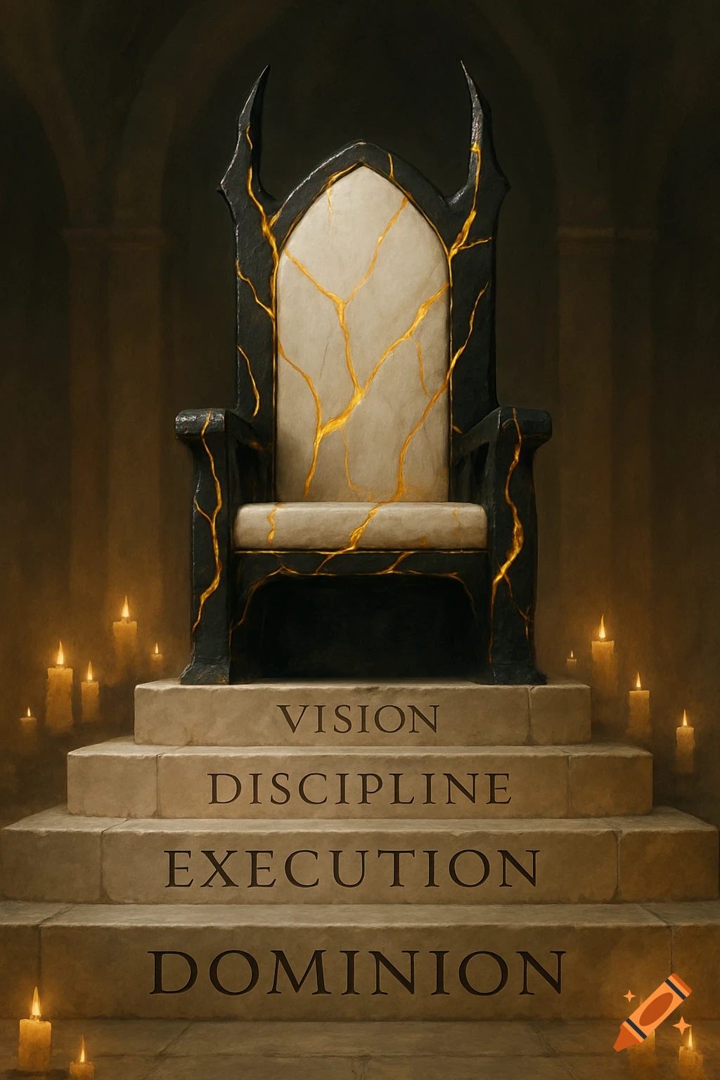 A dark throne with golden cracks sits atop four stone steps inscribed with "VISION," "DISCIPLINE," "EXECUTION," and "DOMINION," surrounded by flickering candles in a dimly lit hall.