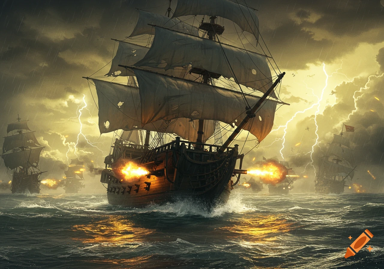A dramatic naval battle featuring several historical galleons firing cannons in a stormy sea under a lightning-filled sky. Sails are tattered.