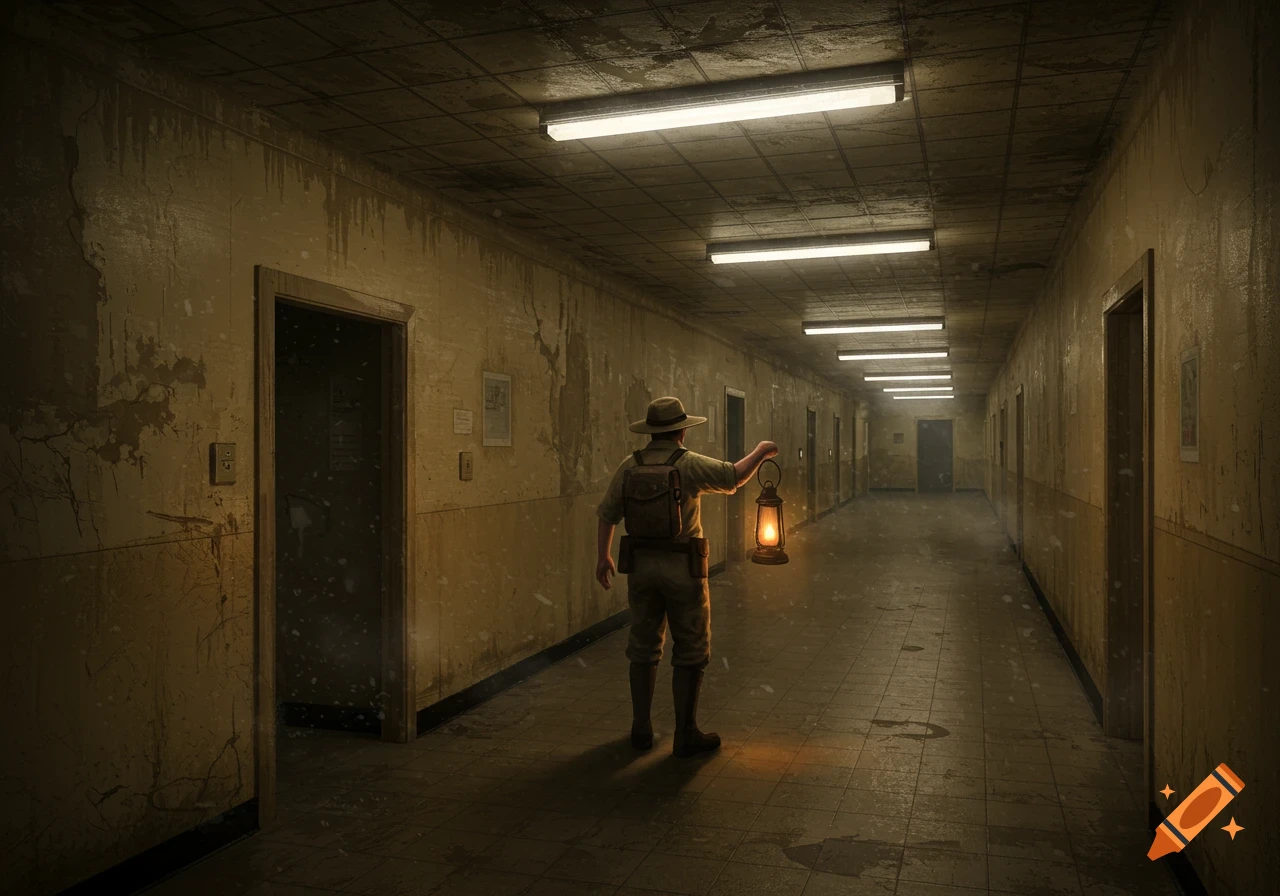 A lone explorer in a hat and backpack walks down a dark, decaying backrooms corridor, holding a glowing lantern.