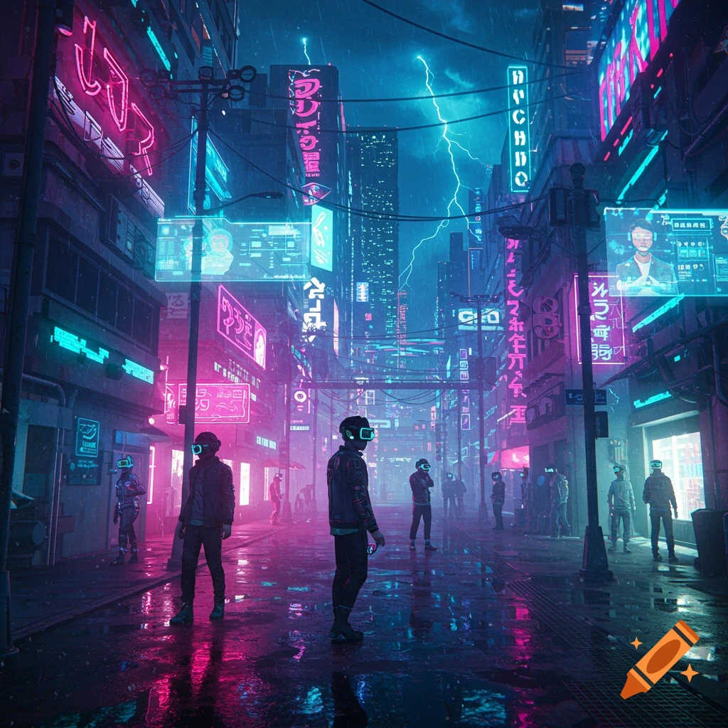 Rainy cyberpunk city street at night with neon signs, glowing ...