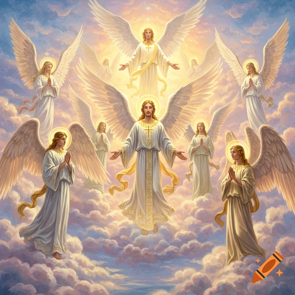 Numerous angels with large white wings and halos float on clouds in a bright, celestial sky.