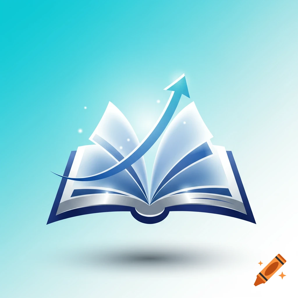 A stylized blue and white icon of an open book with a glowing blue upward arrow emerging from its pages, symbolizing learning and growth.