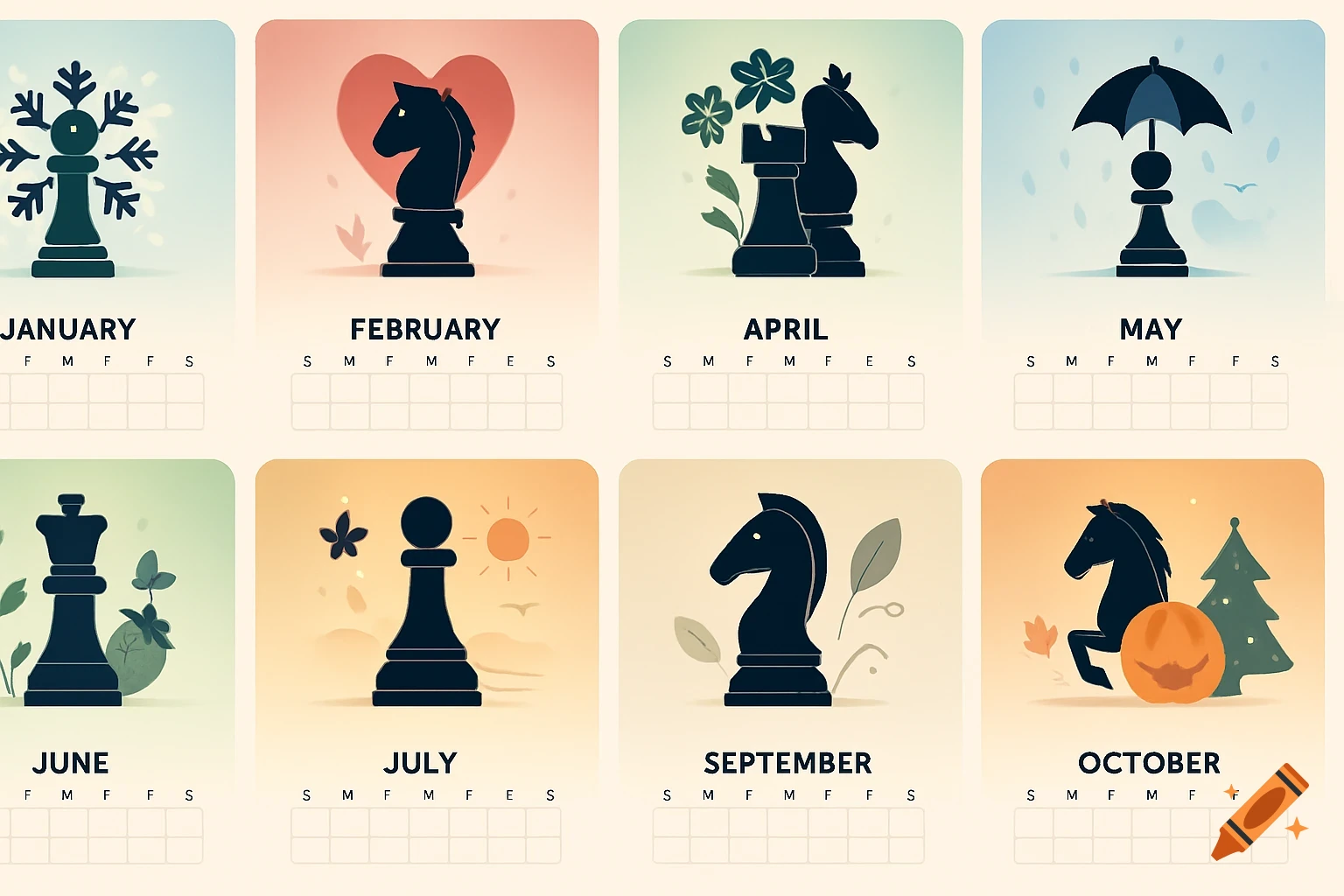 A minimalist, vectorized horizontal calendar showing eight months. Each month features a black chess piece combined with seasonal elements, like a snowflake for January or a heart for February, against a soft pastel background.