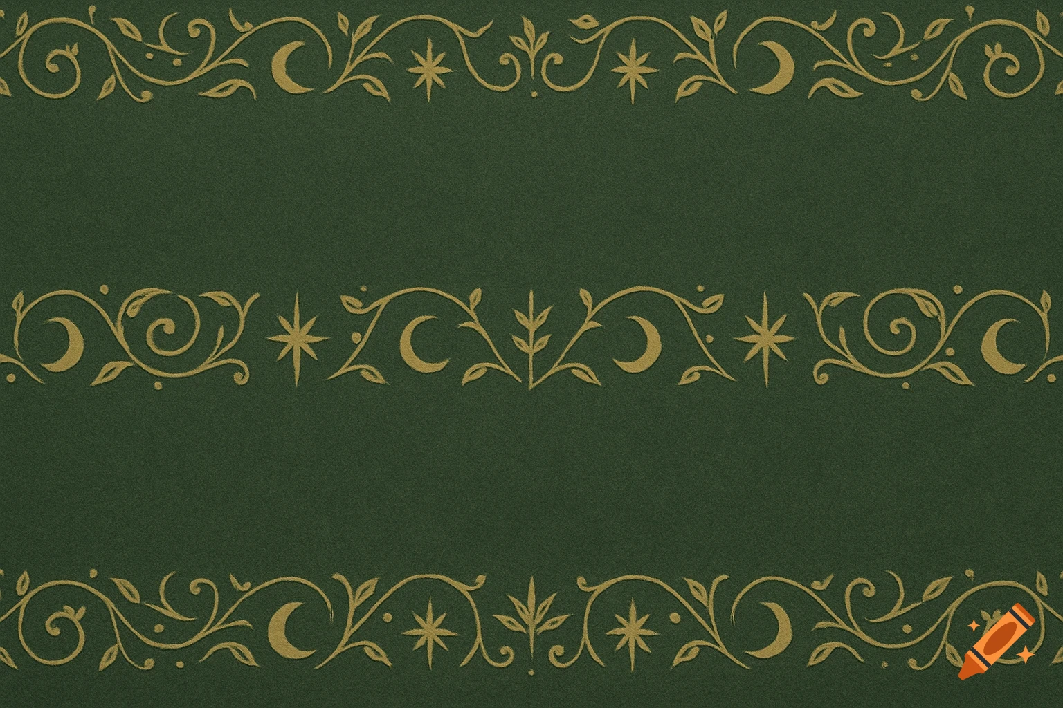 A dark green textured background with two horizontal gold decorative borders featuring crescent moons, stars, and swirling vines.