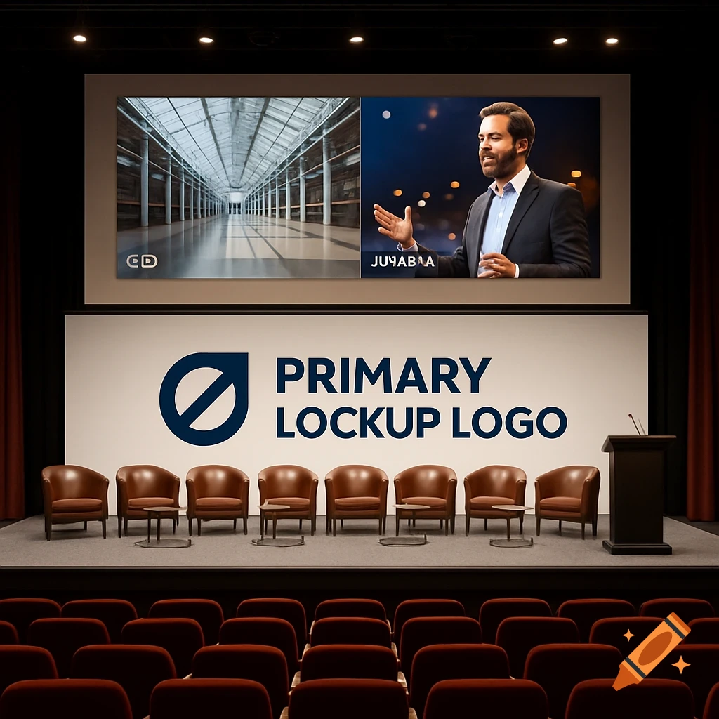 A theatre stage with red auditorium seating in the foreground. On stage, brown leather chairs face a white backdrop displaying a blue "PRIMARY LOCKUP LOGO". Above, a projection screen shows an empty hall and a man speaking.