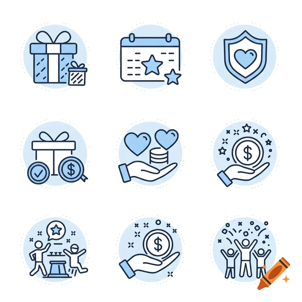 A grid of nine blue and white minimal flat outline icons including gift boxes, a calendar, a heart shield, hands with coins, and people celebrating.