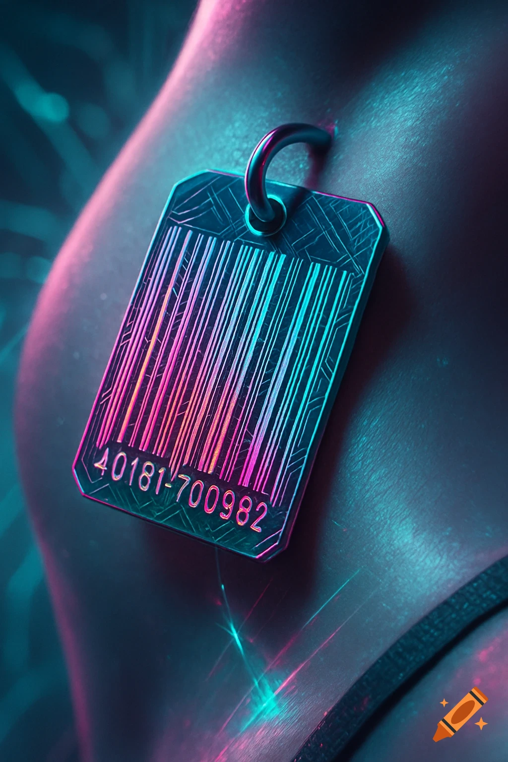 A neon-lit cyberpunk barcode tag pierced into skin, with pink and blue glowing stripes and numbers.