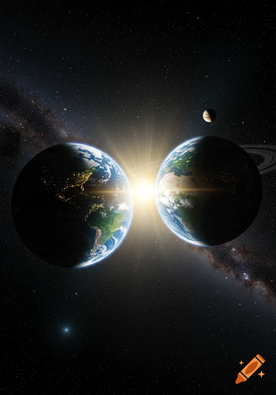 Two Earth-like planets in deep space, illuminated by a bright sunburst between them, with a moon and ringed planet visible.
