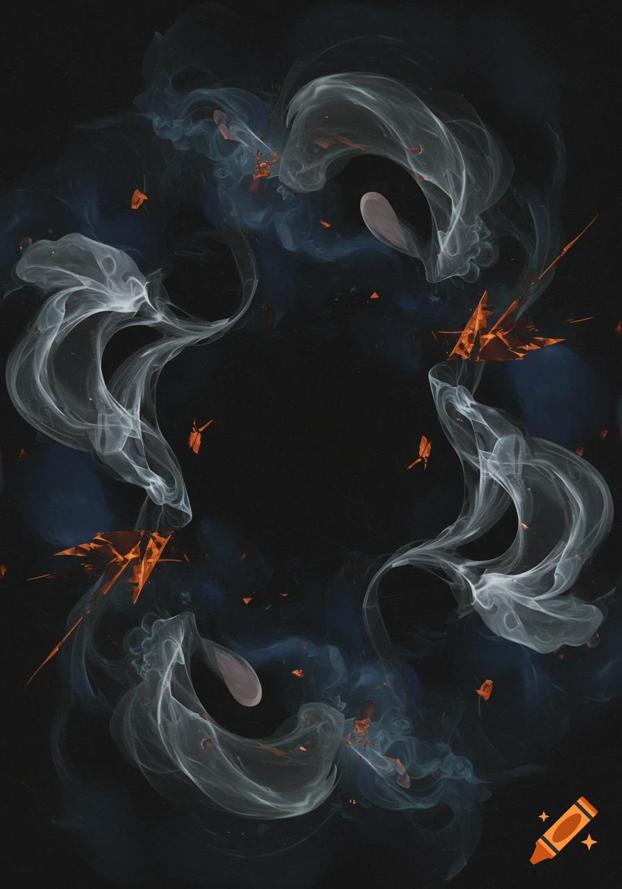 Abstract composition of swirling gray smoke, sharp orange fragments, and soft pink oval shapes against a dark background.