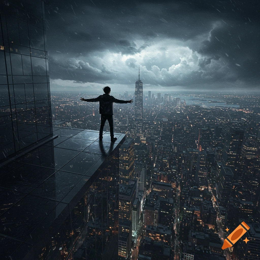 Person with outstretched arms on a skyscraper's edge overlooks a rainy city skyline at night.