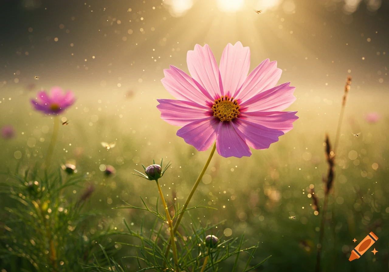 A close-up of a vibrant pink cosmos flower in a sun-drenched field with blurred background and sparkling bokeh.