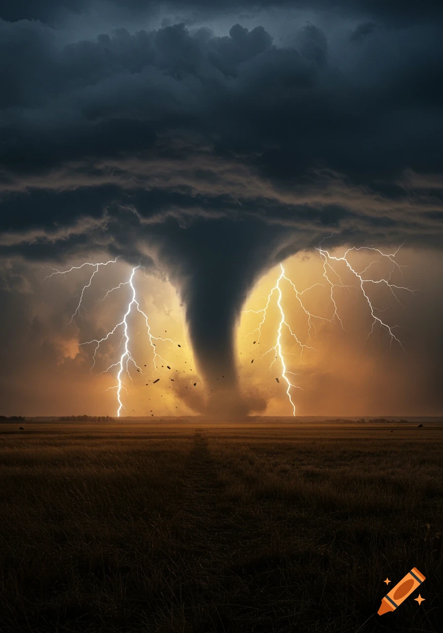 A dramatic, photorealistic scene of a dark wedge tornado ripping through a dry field under a stormy sky, illuminated by multiple lightning strikes.