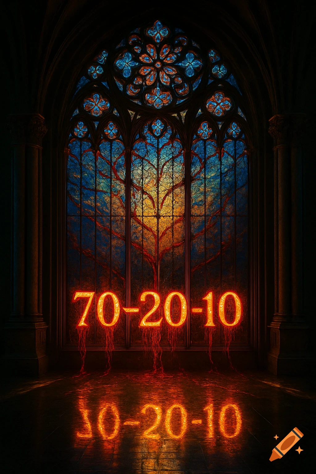 Ornate gothic stained glass window with glowing red numbers 70-20-10 formed by tendrils dripping onto a reflective floor.