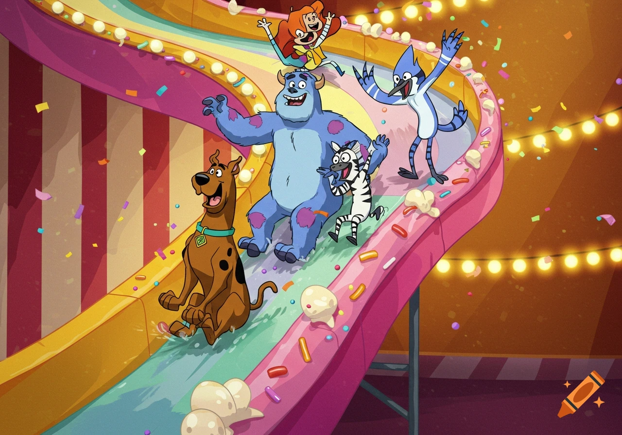Cartoon characters Scooby Doo, Sulley, Marty the zebra, and Mordecai sliding down a colorful funhouse slide amidst confetti.