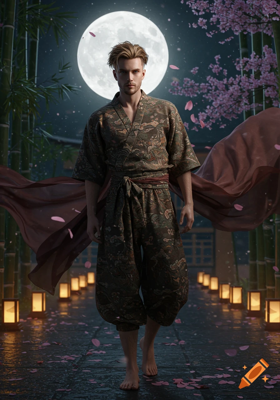 A man in patterned Asian-inspired baggy clothing stands barefoot on a lantern-lit path under a full moon, with bamboo and cherry blossoms.
