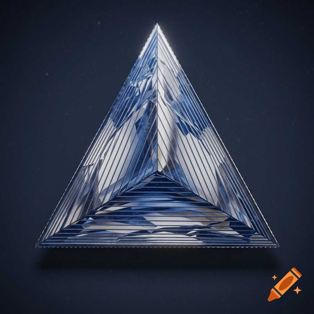 A shiny, polished, metallic pyramid with a faceted, reflective surface against a dark background.