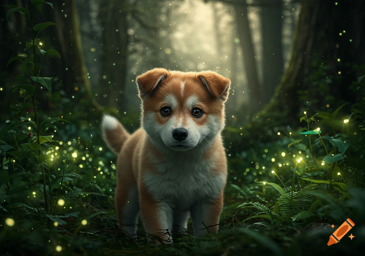 A realistic puppy with expressive eyes and soft fur stands in a magical forest with glowing plants and dappled sunlight, photorealistic style.