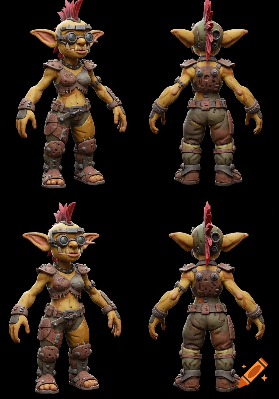A character design sheet of a female techno-punk goblin with a red mohawk and goggles, in a claymation style, on a black background.