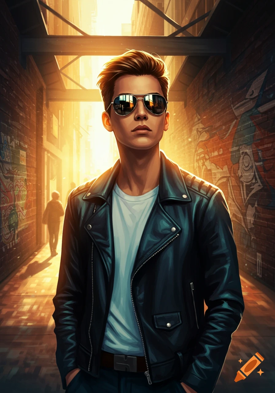 A stylized portrait of a young man in a black leather jacket and aviator sunglasses, standing in a sunlit urban alley with graffiti.
