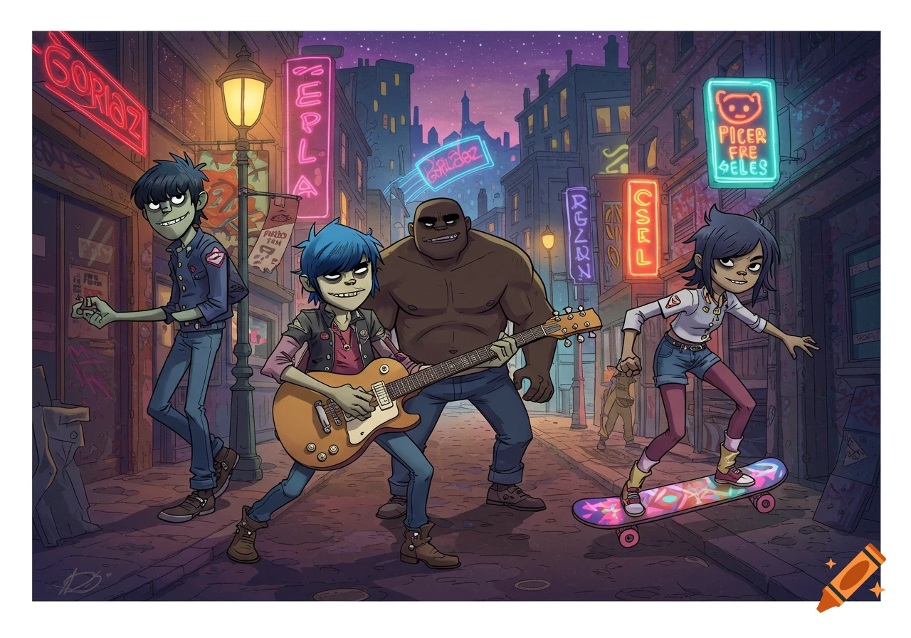 The Gorillaz band members, including 2D playing guitar, Murdoc, Russel, and Noodle on a skateboard, stand in a stylized, neon-lit city street at night.