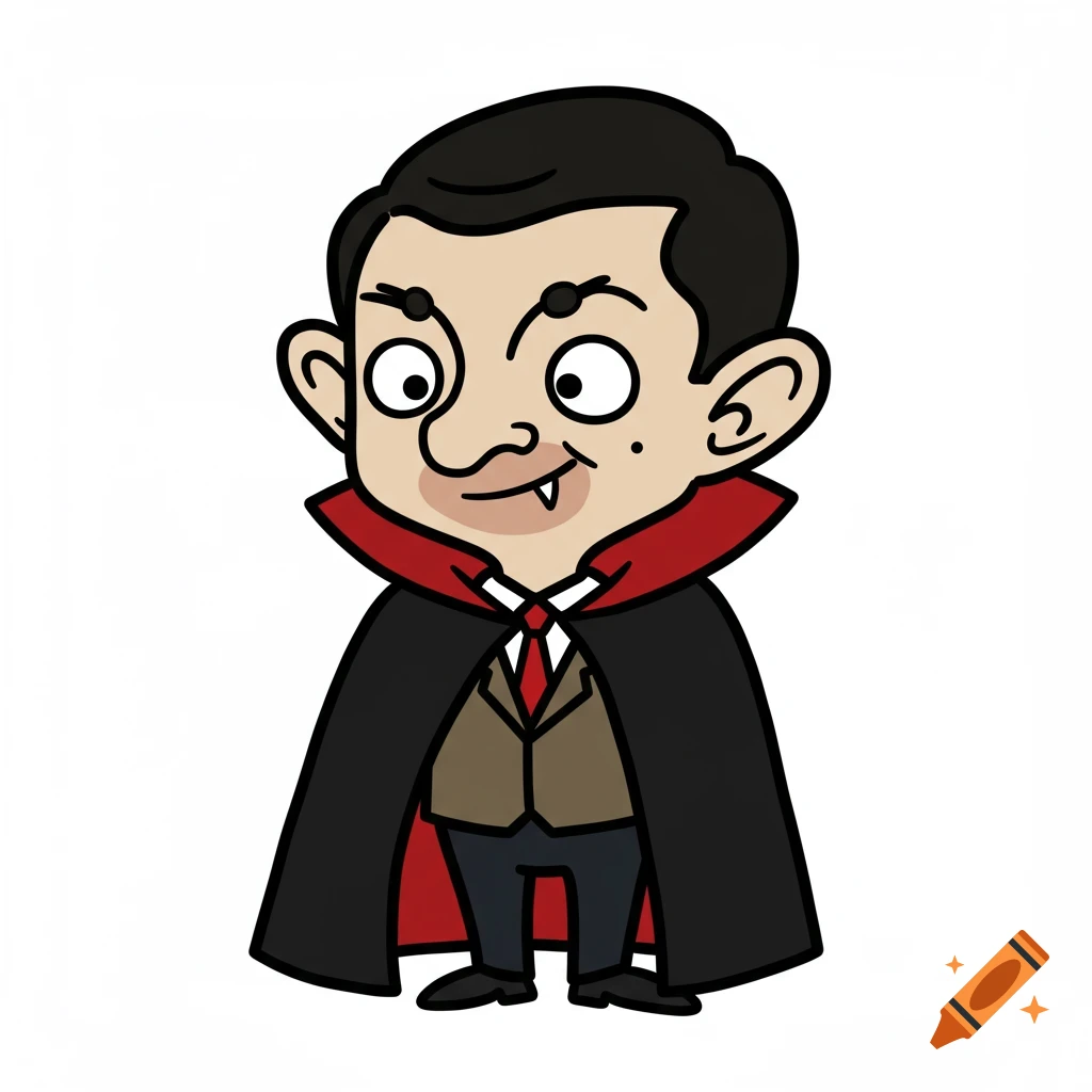 A 2D cartoon of Mr. Bean as a vampire, wearing a black cape with red lining and a red tie, on a white background.