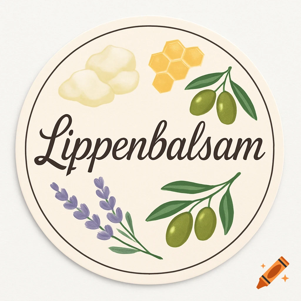 Round beige sticker with 'Lippenbalsam' in script, surrounded by illustrations of shea butter, honeycomb, olives, and lavender.