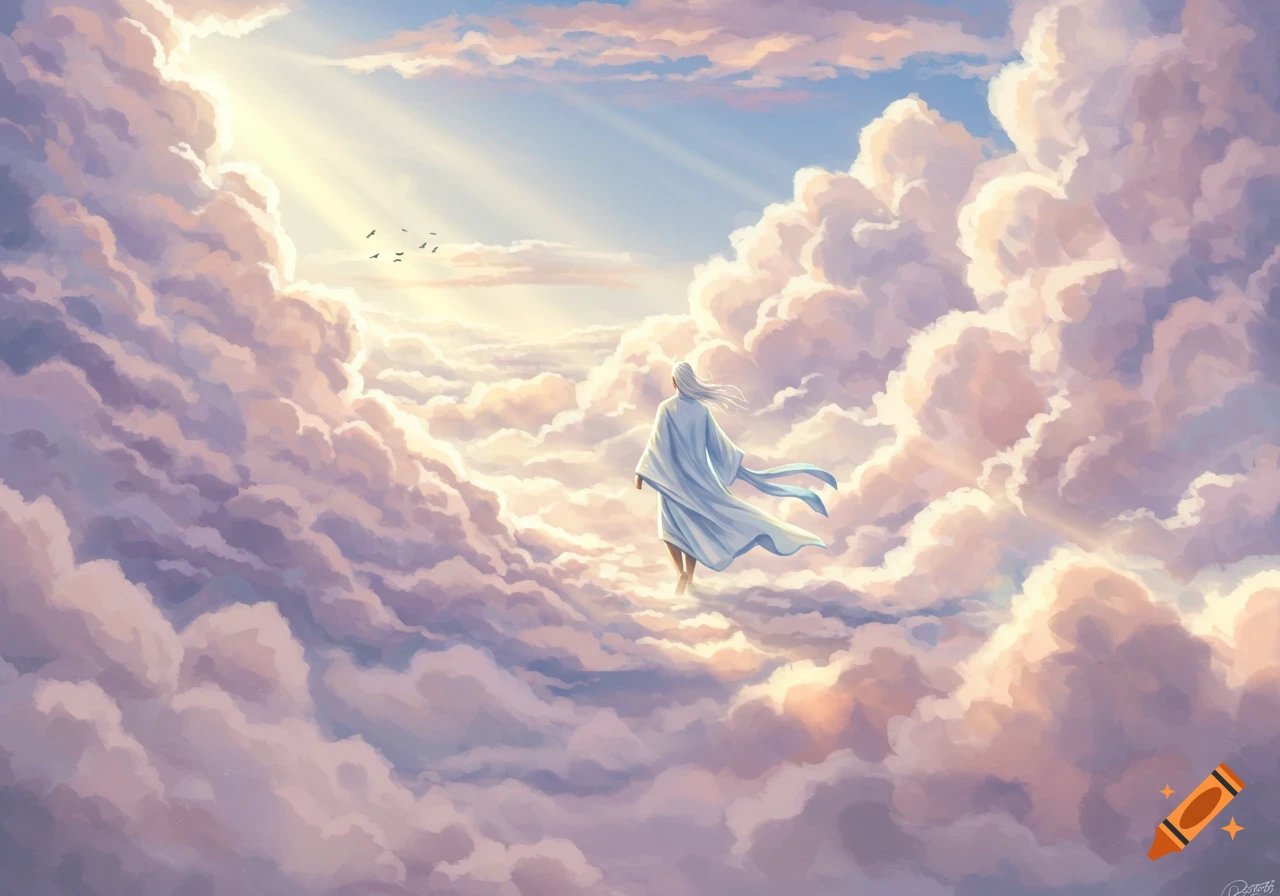 A cloaked figure with long white hair walks through a path of sunlit clouds in a bright, ethereal sky.