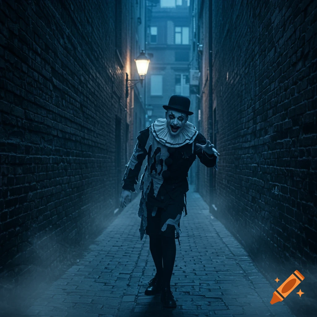 A creepy mime in tattered black and white makeup and costume walks in a dark, misty alleyway.