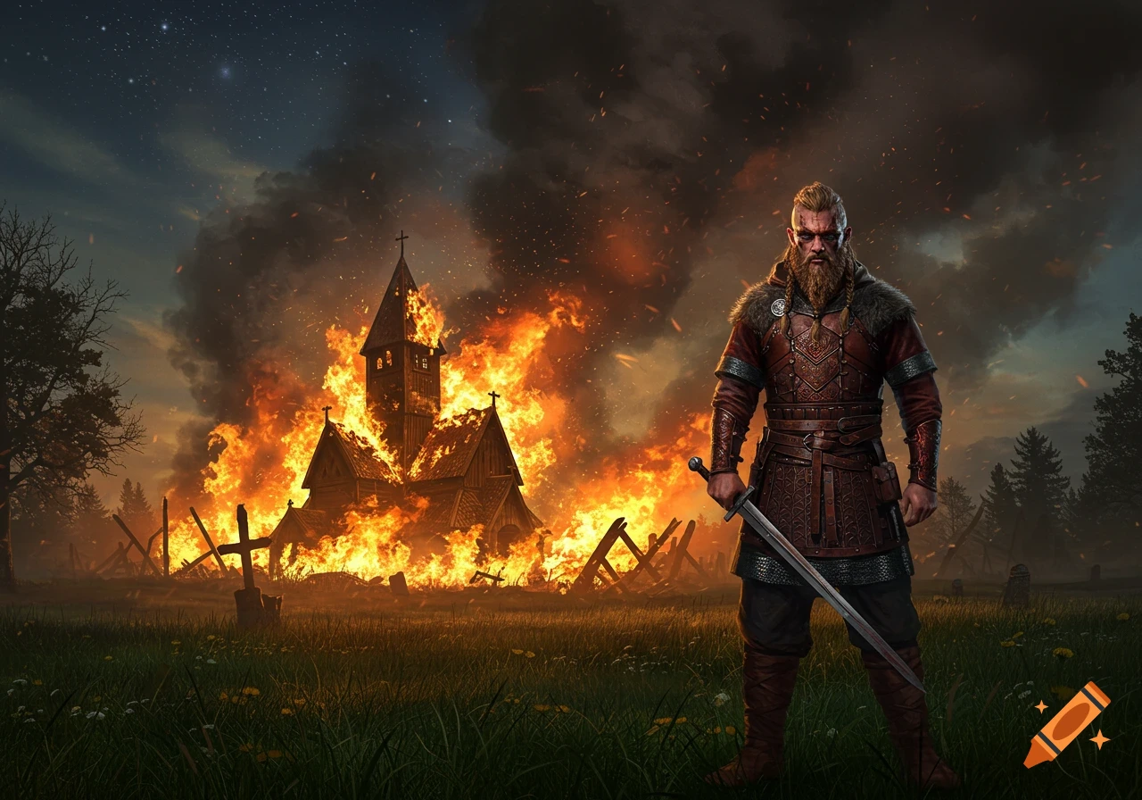 A bearded Viking warrior with a sword stands in a grassy field as a wooden church behind him is engulfed in large flames under a dark, starry sky.