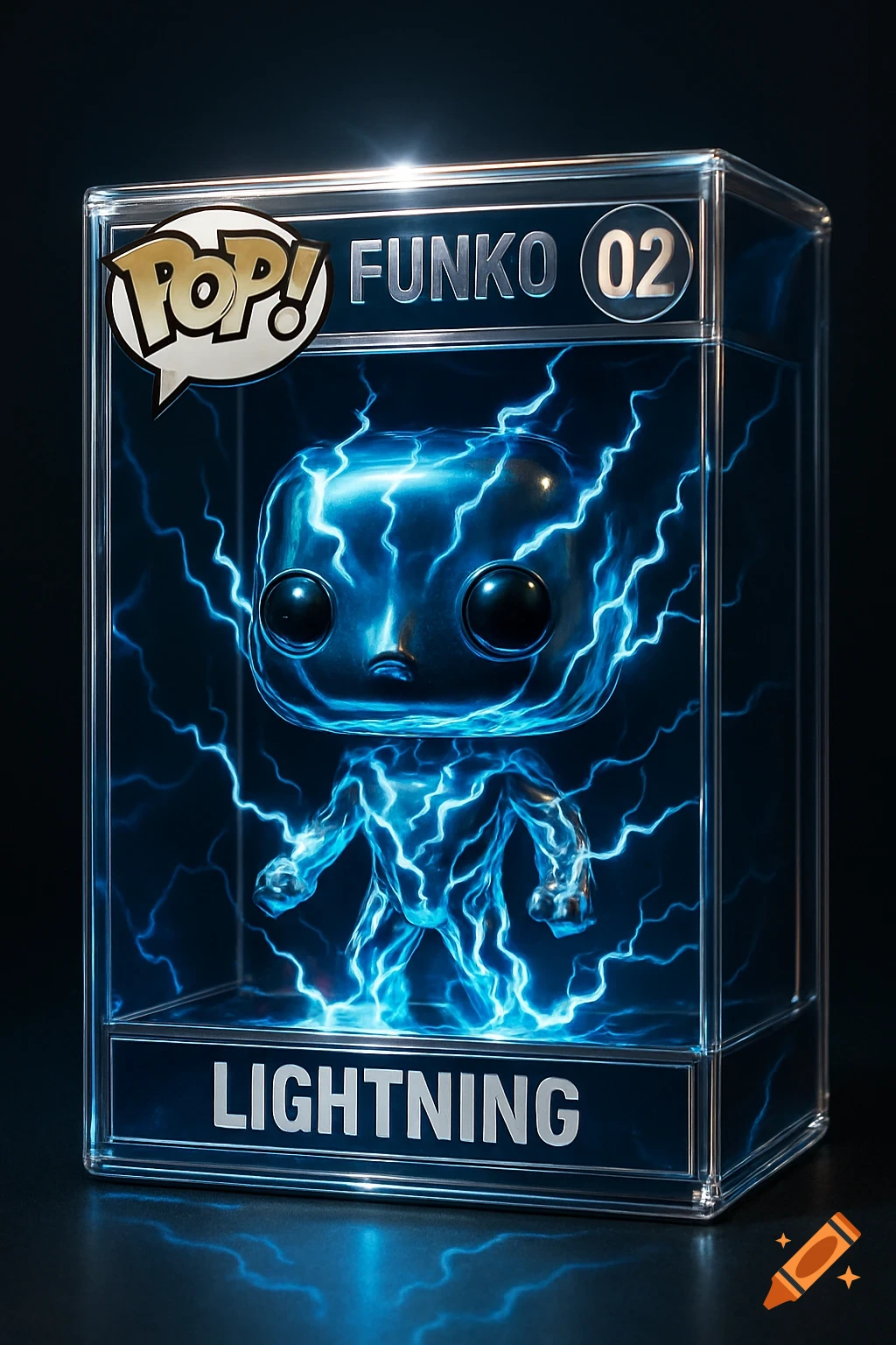 A glowing blue lightning element Funko Pop figure in a protective box, labeled 'Funko 02' and 'Lightning'.