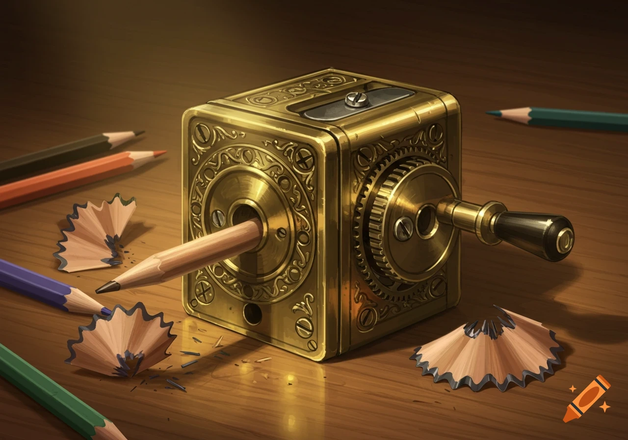 A detailed golden crank pencil sharpener with a light brown pencil inserted, surrounded by colored pencils and wood shavings on a wooden desk.